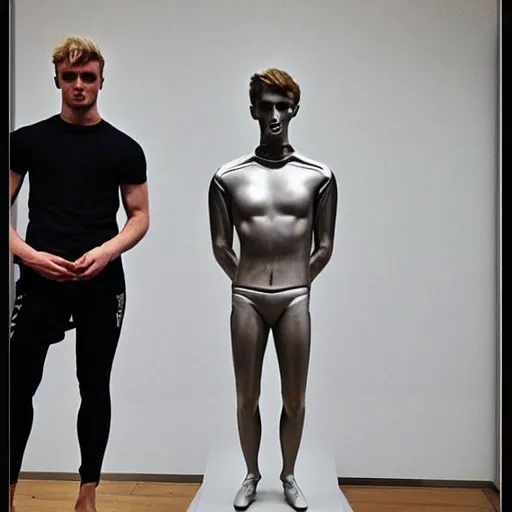 Image similar to “a realistic detailed photo of a guy who is an attractive humanoid who is half robot and half humanoid, who is a male android, British diver Jack Laugher & Chris Mears, shiny skin, posing like a statue, blank stare, at the museum, on display”