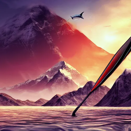 Image similar to lord sauron on his new paddle fishing a giant swordfish, mt everest background, digital art, trending on art station, high quality, uhd 8 k, beautiful, golden hour, intricate detail, high gradient, raytracing