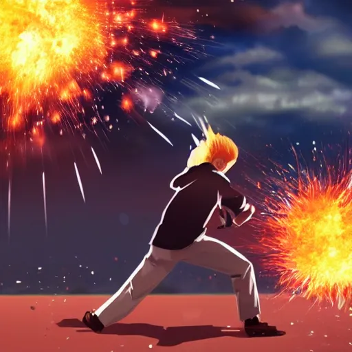 Prompt: man hitting the ground creating a explosion, anime