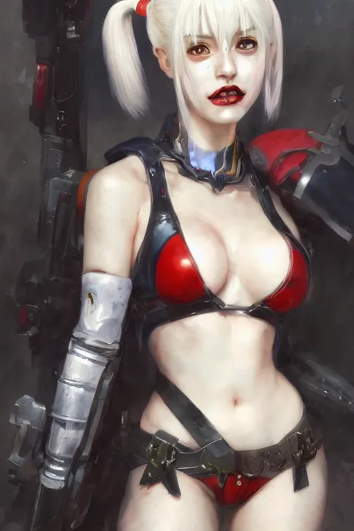 Image similar to portrait of anime Harley Quinn in bikini armor, dc comics, cyberpunk, Warhammer 40000, dark fantasy, digital art from artstation by Ruan Jia and Mandy Jurgens and Artgerm and william-adolphe bouguereau