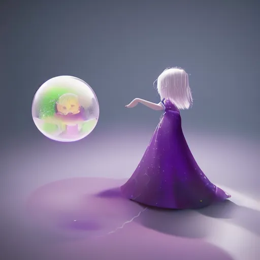 Image similar to cute fumo plush of a crystal ball girl swirling with mysterious energy, energy sphere, snow globe, vray, caustics and particle simulation, ominous purple glow