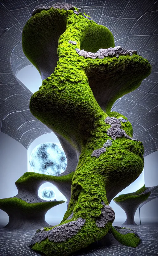 Image similar to highly detailed ultra sharp 3 d render cinematic composition of a smooth ceramic porcelain biomorphic magnolia stone nebula fluid fractal sci - fi surreal architecture landscape, granite, metallic, magnesium, marble, moss and lichen, vincent callebaut composition, mamou - mani, archviz, beautiful lighting, 8 k, unreal engine, hdr,