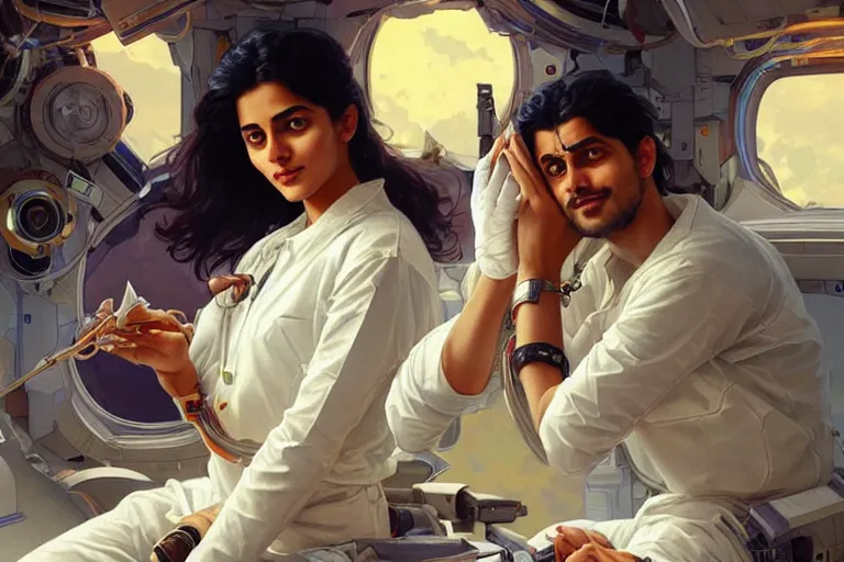Image similar to Exhausted good looking pale young Indian doctors wearing jeans in a space station above Earth performing surgery, portrait, elegant, intricate, retrofuturistic digital painting, artstation, concept art, smooth, sharp focus, illustration, art by artgerm and greg rutkowski and alphonse mucha