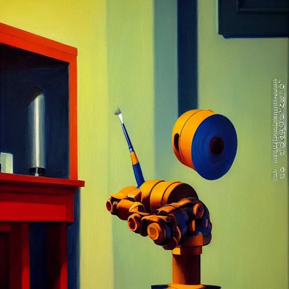 Image similar to beautiful illustration of a robotic arm holding a paintbrush in front of a canvas by Edward Hopper, clean lines, very detailed, colorful octane render