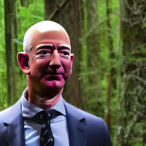 Prompt: jeff bezos skinwalker hunting you in a dark forest with a knife, fully body, realism