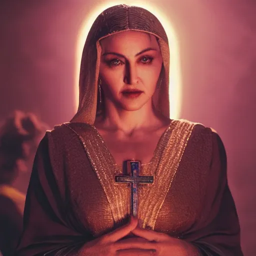 Image similar to stunning awe inspiring madonna as the female jesus christ, movie still 8 k hdr atmospheric lighting