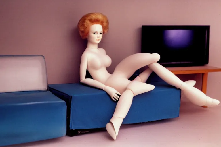 Image similar to an extremely realistic life-sized blow-up doll made of porcelain, model sitting on a deep blue couch, from 1985, bathed in the glow of a television, low-light photograph