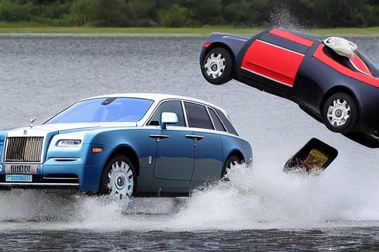 Image similar to Teenagers push Rolls-Royce into lake with their hands from a small slide wanting to drown him