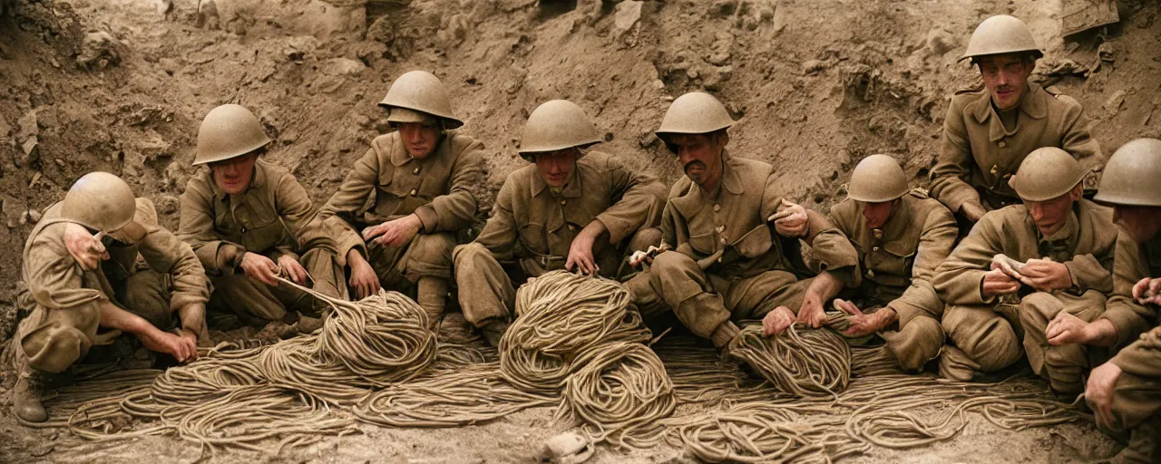 Prompt: soldiers eating spaghetti in the trenches, world war one, canon 5 0 mm, high detail, intricate, cinematic lighting, photography, wes anderson, film, kodachrome