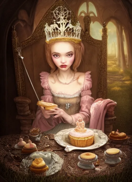 Image similar to highly detailed closeup portrait of a fairytale medieval princess eating cakes, unreal engine, nicoletta ceccoli, mark ryden, lostfish, earl norem, global illumination, god rays, detailed and intricate environment