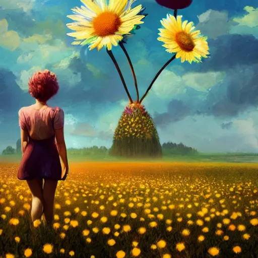 Image similar to giant daisy flower head, full body, girl walking in a flower field, surreal photography, sunrise dramatic light, impressionist painting, colorful clouds, digital painting, artstation, simon stalenhag, flower face