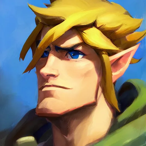 Image similar to greg manchess handsome portrait painting of link in the legend of zelda as overwatch character, medium shot, asymmetrical, profile picture, organic painting, sunny day, matte painting, bold shapes, hard edges, street art, trending on artstation, by huang guangjian and gil elvgren and sachin teng