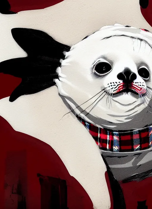 Image similar to highly detailed closeup portrait of a sewer white baby seal, tartan blanket, black mohawk by atey ghailan, by greg rutkowski, by greg tocchini, by james gilleard, by joe fenton, by kaethe butcher, gradient red, black, brown and white color scheme, grunge aesthetic!!! white graffiti tag wall background