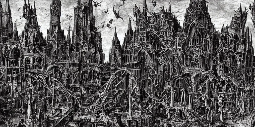 Image similar to demonic gothic megastructure in the style of heironymus bosch, dark intricate masterpiece, hyper detailed, hd