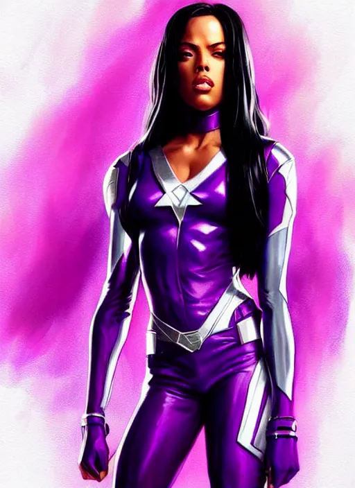 Image similar to full body portrait of marvel cinematic universe aaliyah haughton, x - men, psylocke, x - men apocalypse, elegant, super hero, purple outfit, highly detailed!! digital painting, artstation, glamor pose, concept art, sharp focus, illustration, art by artgerm and greg rutkowski, artey freytag