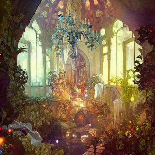 Image similar to a beautiful interior of a fairy castle, fully decorated, furnished with fairy furniture, fairy aesthetics, concept art, by greg rutkowski, alphonso mucha and elena dudina. high details, illustration, beautiful illumination