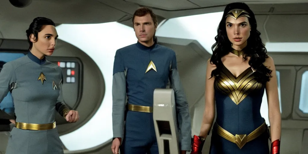 Image similar to Gal Gadot, in Starfleet uniform, in the role of Captain Kirk in a scene from Star Trek the original series