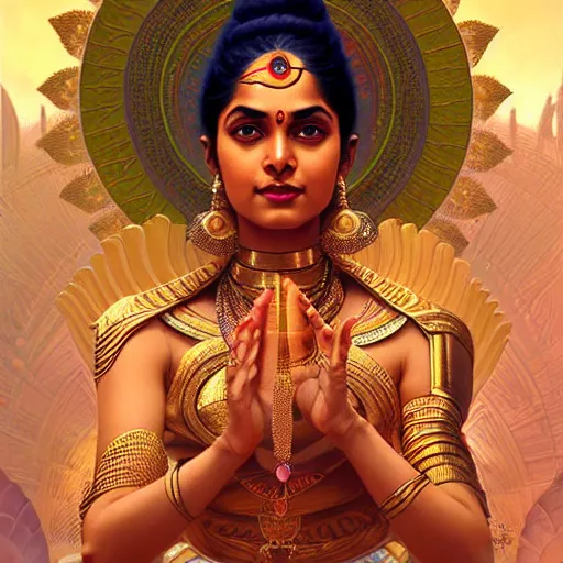 Image similar to futuristic lakshmi, laxmi Indian Goddess, sci-fi, fantasy, intricate, beautiful, elegant, attractive, indian goddess, highly detailed, digital painting, artstation, concept art, smooth, sharp focus, illustration, art by artgerm and greg rutkowski and alphonse mucha