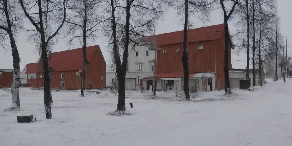 Prompt: depressing finnish rural town during winter, movie still, david lynch film, low - key light, wide shot