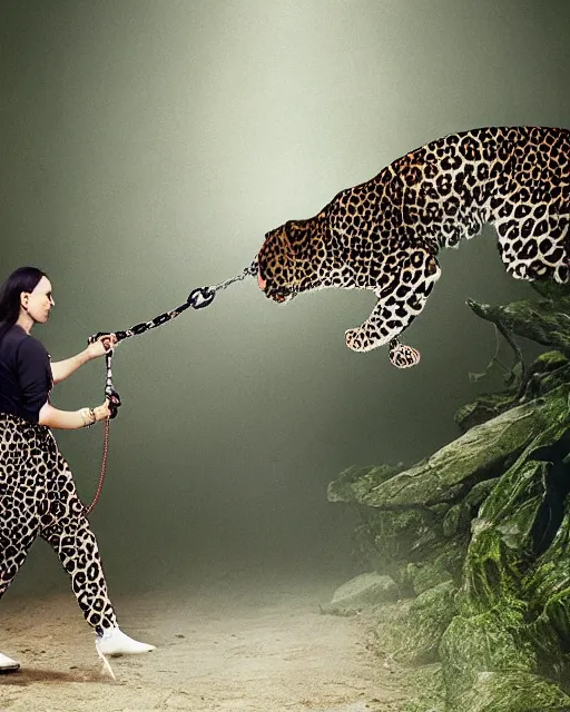 Image similar to beautiful woman walks her pet leopard on a leash thru a crystal forest, hyperreal, atmospheric, photorealistic photographed in the style of National Geographic