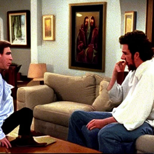 Prompt: Photo still of Jesus Christ in 1990s clothing talking with Kramer in Jerry Seinfeld's apartment, in the style of the TV show Seinfeld (1994)