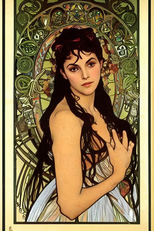 Image similar to portrait of monica belucci from the movie malena, artwork by alphonse mucha