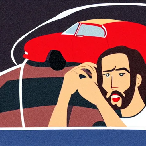 Prompt: jesus christ driving in a red convertible, passing a red light, god punishes him for it instantly with a lighning bolt