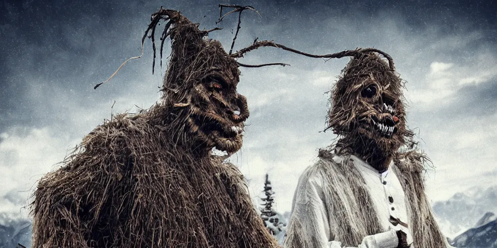 Image similar to alpine farmer transforming into hay monsters and krampus,roots and hay coat, dolomites in background, dark, eerie, despair, portrait photography, artstation, highly detailed, sharp focus, by cronneberg