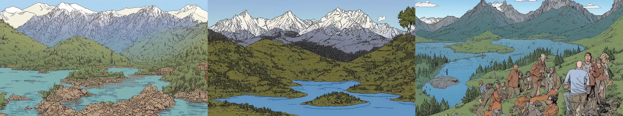 Prompt: lakeside mountains, by geoff darrow