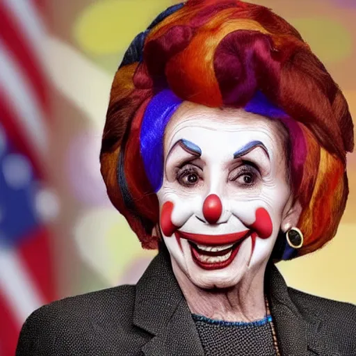 Image similar to Nancy Pelosi as a clown with a clown wig, clown nose and clown makeup whiteface, highly-detailed realistic