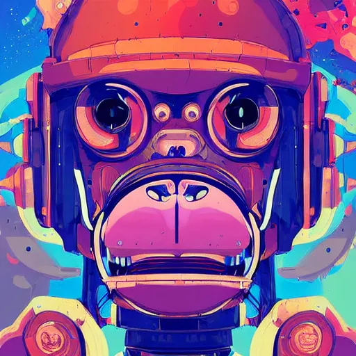 Prompt: portrait of a anthropomorphic monkey robot with human characteristics, digital art, epic composition, fantasy, explosion of color, highly detailed, in the style of jake parker, in the style of conrad roset, swirly vibrant colors, sharp focus