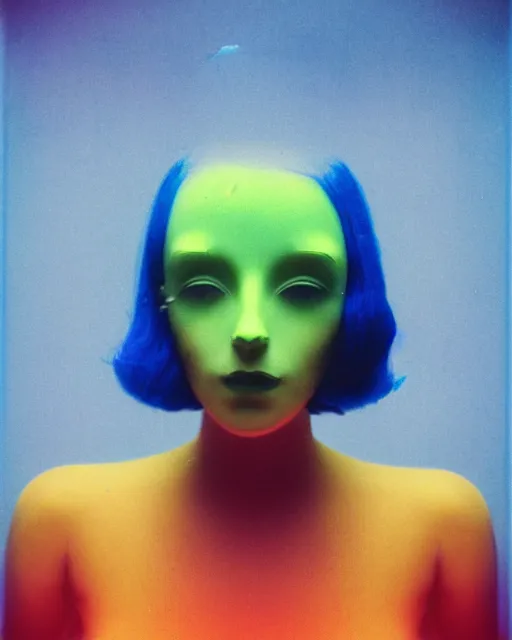 Prompt: cut and paste, featureless surprised robotic woman's face, metallic bob hair, dark makeup, violet and yellow and green and blue lighting, polaroid photo, 1 9 6 0 s, atmospheric, whimsical and psychedelic, grainy, expired film, super glitched, corrupted file, ghostly, bioluminescent glow, sci - fi, twisty