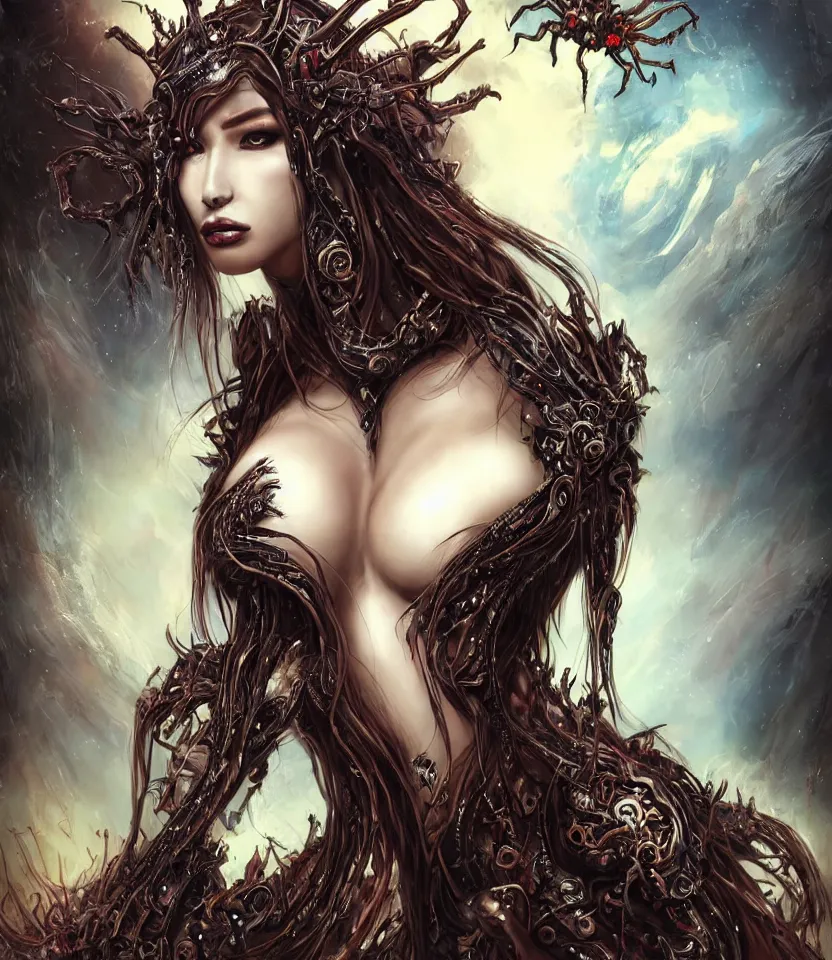 Image similar to close up portrait on the enchanting femenine queen of the zerg, hyper attractive, seductive, very complex, hyper-maximalist, overdetailed, legendary cinematic, darkfantasy, archetype with timeless beauty breathtaking eyes, her spider like legs spread evenly around her framing the image, collossal alien ship in the sky behind her, highly intricate, digital art, very elegant, HDR 8K, biblical art, realism, incomprehensible yet perspicious detail, unbeatable quality, silent hill aesthetic, photorealistic, lifelike, DSLR 8k, unbeatable coherency, Omnious intricate, octane render, created Nixeu & z--ed from deviantart