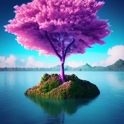 Prompt: a sakura tree blooming on an island in the center of a lake, vaporwave, artstation, 8 k holographic astral cosmic illustration detailed matte painting synthwave neon retro ethereal fantasy hyperdetailed mist, octane render, unreal engine