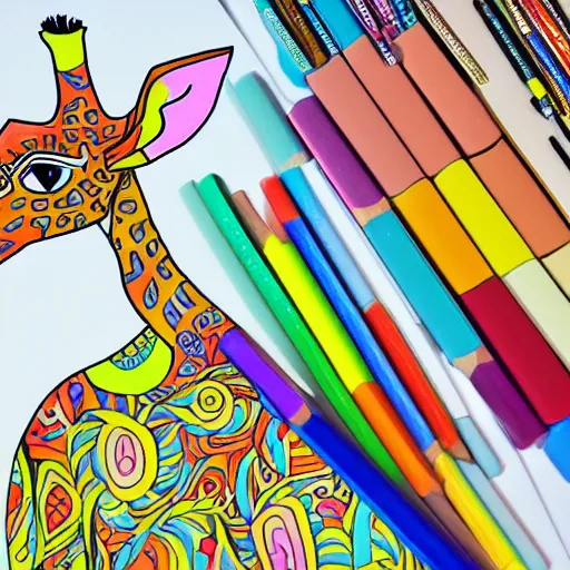 Prompt: a colouring in book illustration of a giraffe