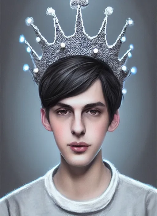 Prompt: portrait of teenage jughead jones wearing a light grey crown, photorealistic, crown made of fabric, crown, crown made of felt, black hair, intricate, elegant, highly detailed, digital painting, glowing lights, artstation, concept art, smooth, sharp focus, illustration, art by wlop, mars ravelo and greg rutkowski