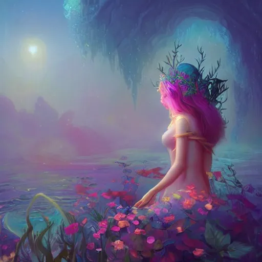 Image similar to i am attracting beautiful souls into my life 🌊✨🌸🌿, 8 k resolution detailed fantasy art, asymmetrical composition, anato finnstark marc simonetti lisa frank zbrush central gloomy midnight.