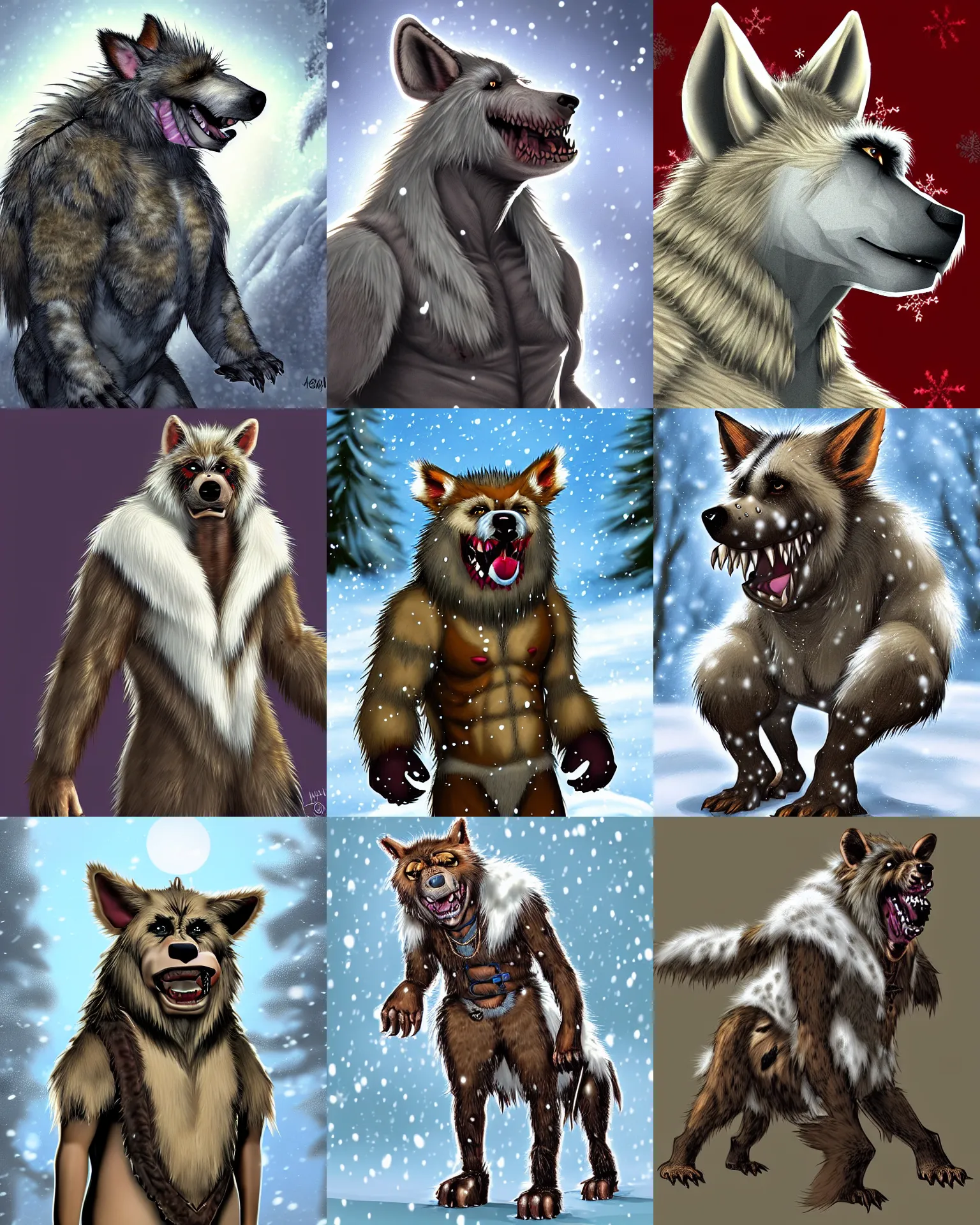 Prompt: fantasy digital art of a good ol'gnoll boy with white fur spots, pale as the first snow of winter, covering his coat.