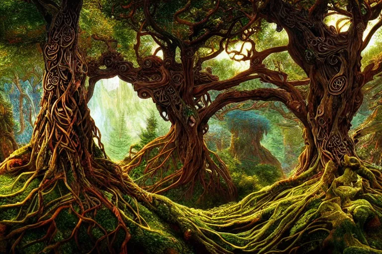 Image similar to a beautiful and highly detailed digital painting of an elven tree with celtic roots in the mystical mountains, psychedelic patterns, intricate details, epic scale, 8 k, sharp focus, photorealism, artstation, cgsociety, by caspar friedrich, albert bierstadt, james gurney, brian froud,