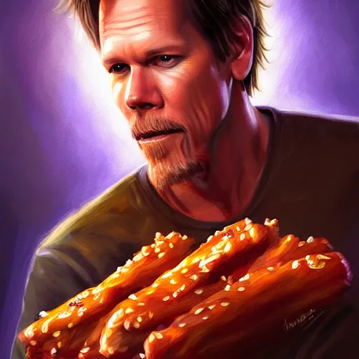 Image similar to Portrait of Kevin Bacon eating hot wings, fantasy, D&D, intricate, highly detailed, digital painting, trending on artstation, sharp focus, illustration, style of Stanley Artgerm