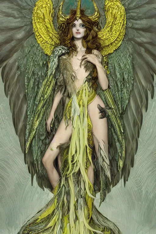 Image similar to highly detailed, intricate stunning image of harpy angel girl, feathered long hair, talons, claws, green and yellow palette, horns, bones in style of alfonson mucha, grey and white, pale, stunning atmosphere, animal and monster by h. r. giger and peter mohrbacher