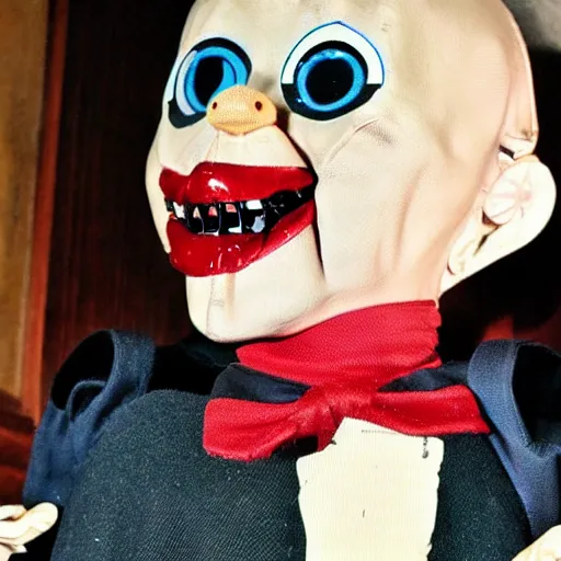 Image similar to scary looking cursed ventriloquist dummy for sale in thrift store