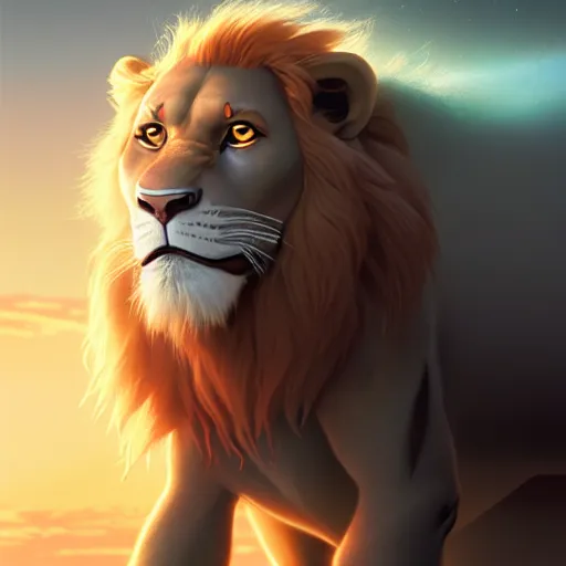 Image similar to portrait of doc brown riding on ( ( ( lion king ) ) ), disney animation, sharp, illustration, sharp, fanart, anime key art by greg rutkowski, bloom, dramatic lighting sharp focus, cinematic, artbook, smooth, centered