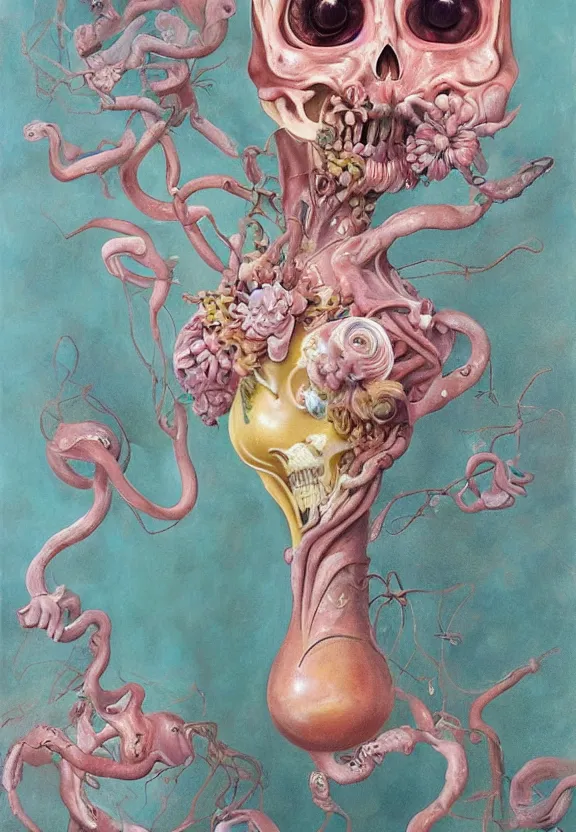 Image similar to a biomorphic painting of a vase with flowers and eyeballs in it, a surrealist painting by marco mazzoni, by dorothea tanning, pastel blues and pinks, lips, melting, plastic, skull, featured on artstation, metaphysical painting, oil on canvas, fluid acrylic pour art, airbrush art, seapunk, rococo, lovecraftian