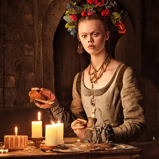 Image similar to frida gustavsson wearing 1 8 th century stay in a medieval tavern at night with candles, wow 4 k detail fantasy, matte painting, realistic materials, photo realistic, postprocessing, cinematic, hyperrealistic, studio lighting, ekaterina, the tudors, photography by richard jenkins