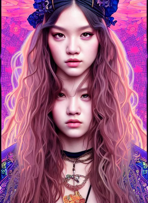 Image similar to jossi of blackpink, tarot card, highly detailed, digital painting, smooth, sharp focus, illustration, ultra realistic, 8 k, art by artgerm and alphonse mucha