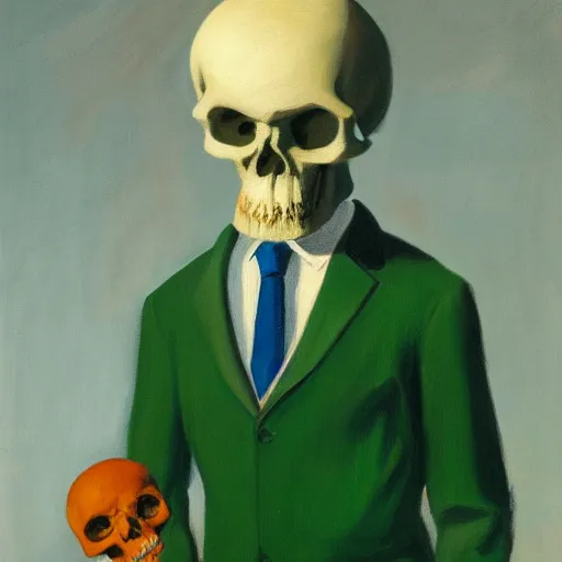 Image similar to a portrait painting of a man with a skull as his head, man is wearing a suit, the skull is green, in the style of edward hopper, 4 k,