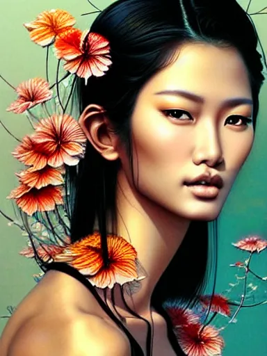 Prompt: a portrait of asian supermodel with a floral background by karol bak, artgerm, moebius, yoji shinkawa : : portrait, illustration, photorealism, hyperrealism, graffiti