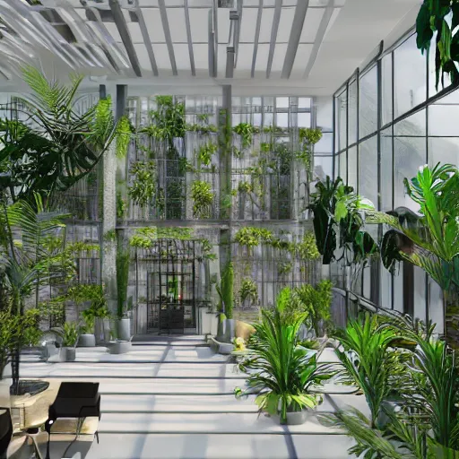 Prompt: The atrium of a refurbished contemporary building filled with tropical plants, 4k, octane render, vray render, 3ds max, concept art