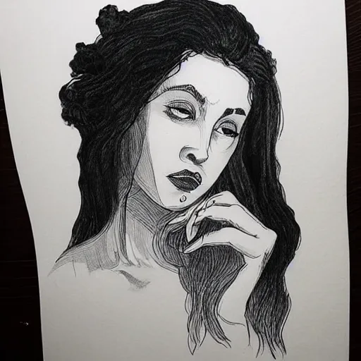 Image similar to A black ink portrait of a lonely beautiful woman with slightly opened lips and the the constellation in her black flowing hair, inktober